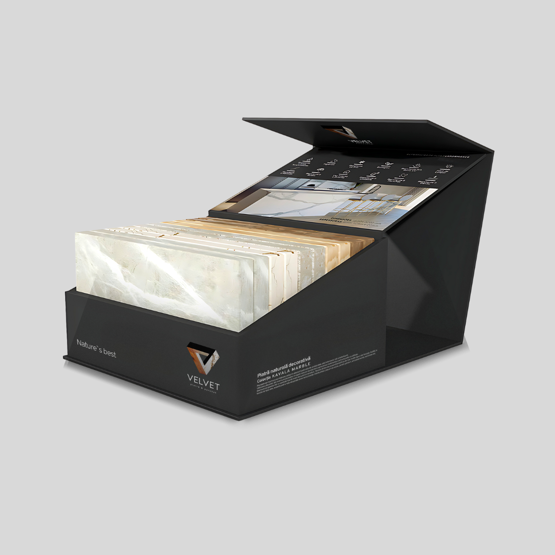 Velvet - piatra si parchet - logo design - stone sample box